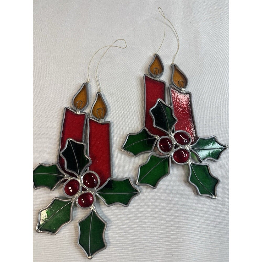 2 Stained Glass Holiday Candle Suncatchers Red Tapers Green Holly Berries Decor
